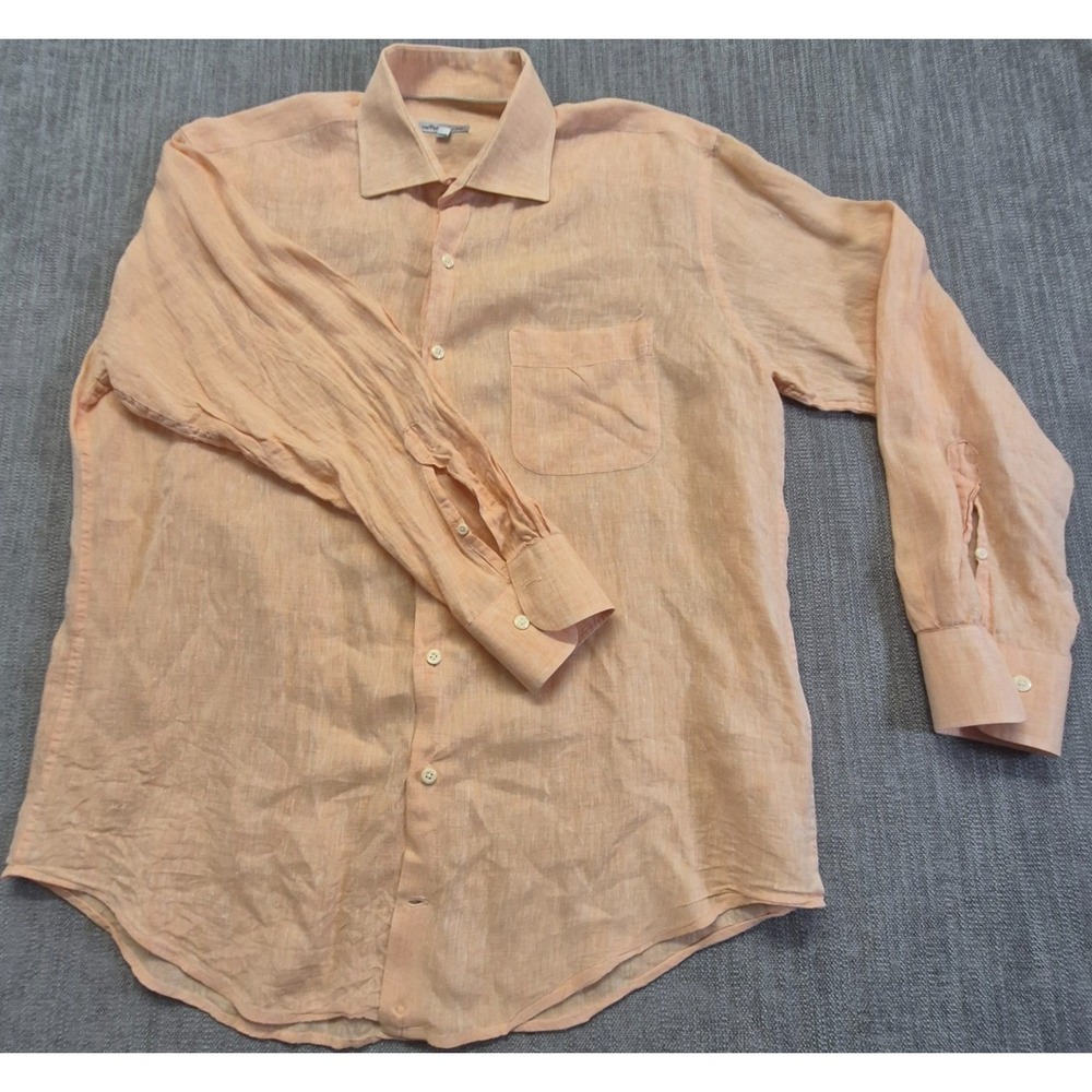 Peter Millar Men's Peach 100% Linen Long Sleeve Button Down Shirt Large Pocket